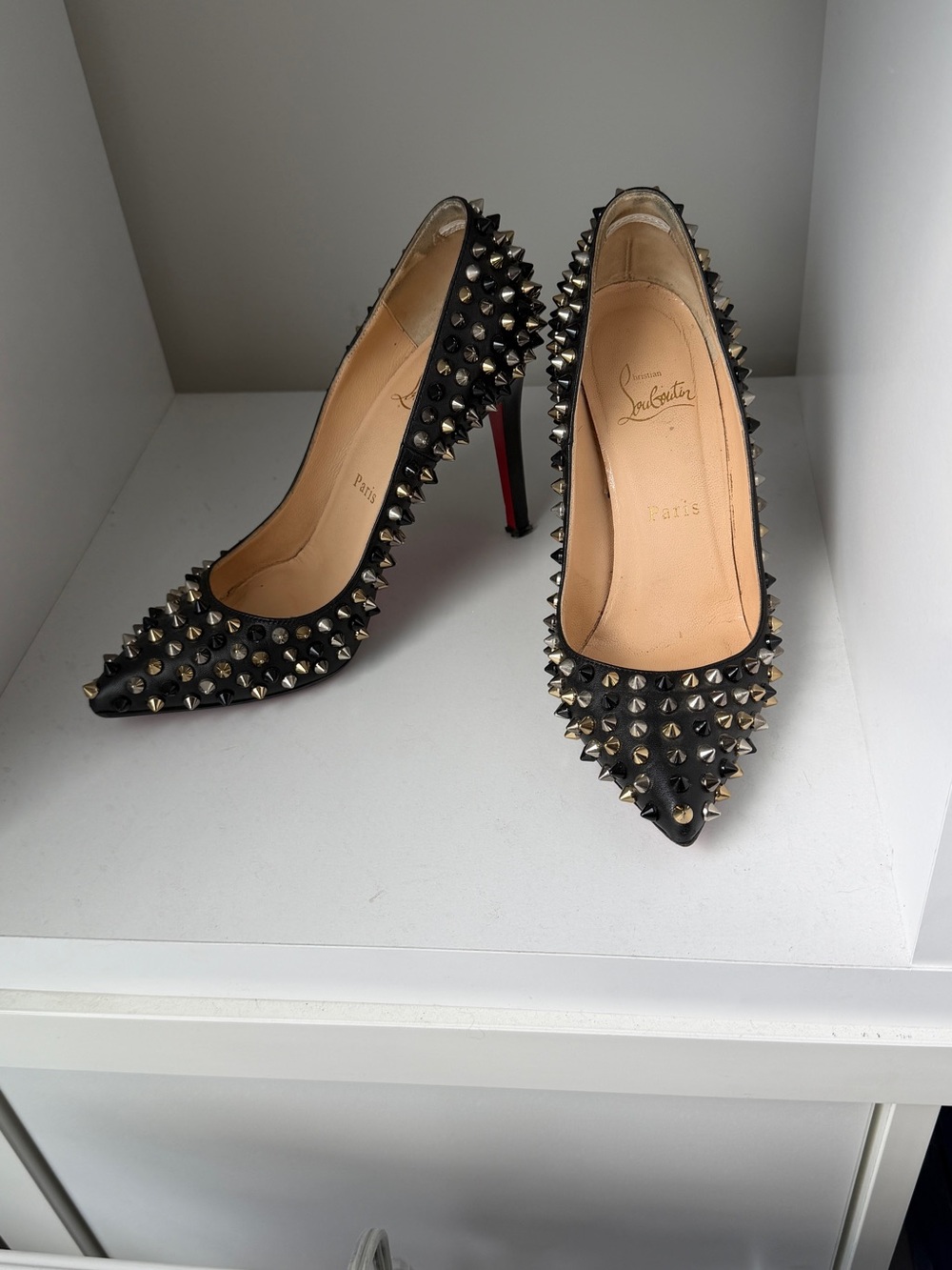 Christian Louboutin Black Leather Spike Pigalle Pumps with Red Sole